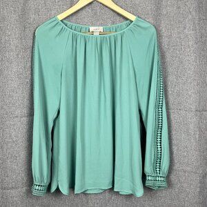 LOFT Outlet Teal Boho Blouse Crochet Lace Accents Boho Peasant Sleeves Small
